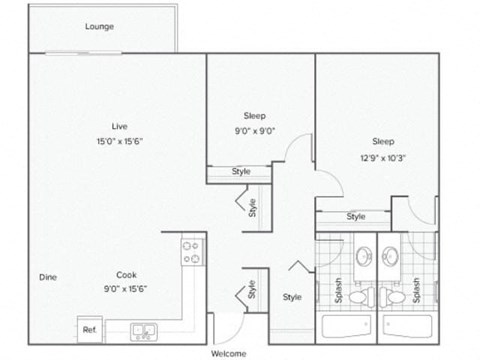 Floor plan for 2 beds, 2 baths, 960 sqft